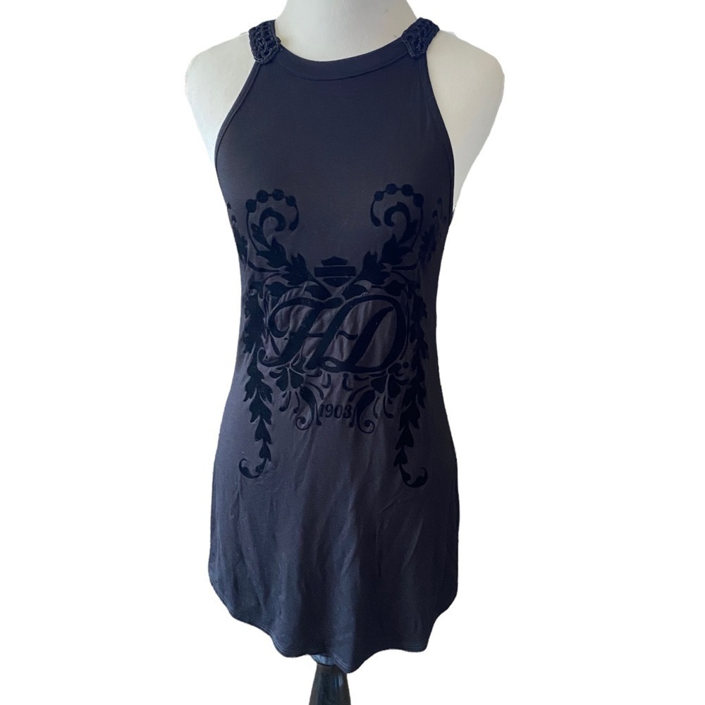 Harley Davidson black tank top tunic blouse velvet graphic HD1903 fringe crochet